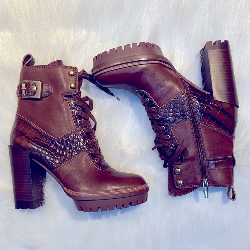 Vince Camuto Chocolate Heeled Boots with Croc Texture